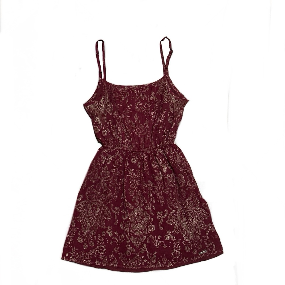 Abercrombie‎ Fitch Burgundy Glitter Pleated Floral Cocktail Evening Mini Dress S